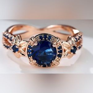 Retro September Birthstone Sapphire Blue Round Zircon Ring Size 8